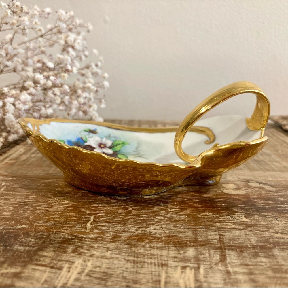 Vintage Ceramic Hand Painted Trinket Dish Signed 1967 Violets Gold Tone - Picture 12 of 13
